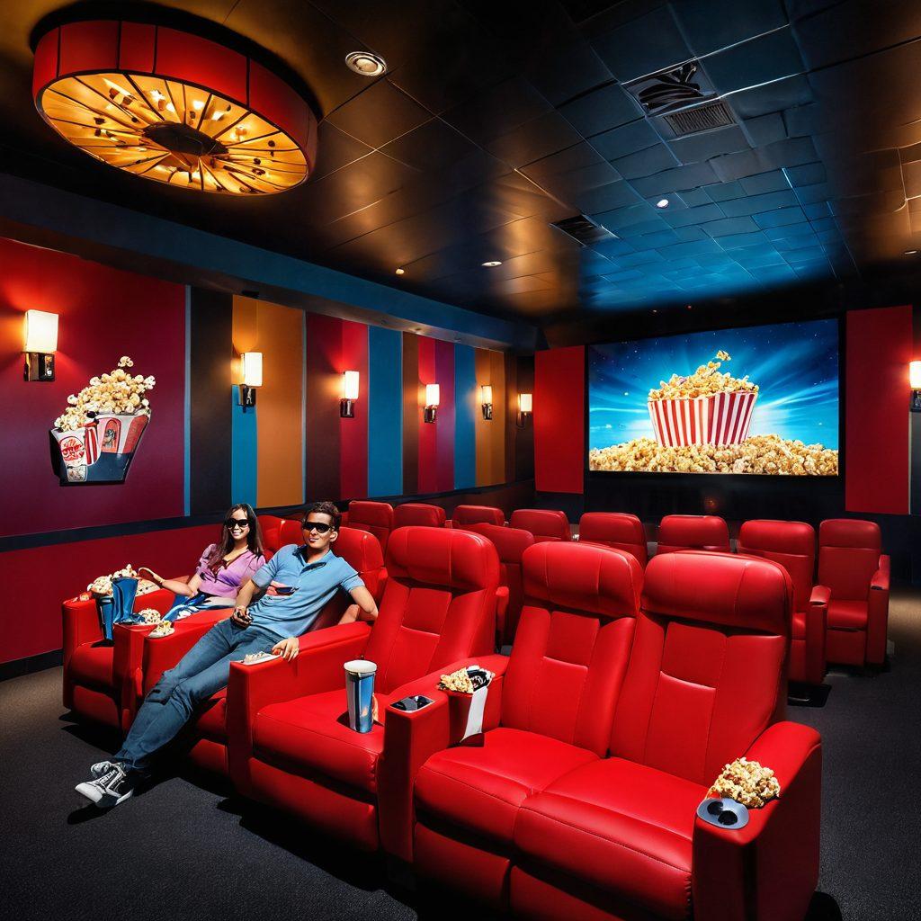 A stunning cinema interior filled with plush reclining seats, a massive screen showcasing a thrilling movie scene, and patrons enjoying popcorn and drinks. The atmosphere is enhanced with vibrant colored lights and cinematic decor, inviting viewers to immerse themselves in the ultimate movie experience. Include elements like 3D movie glasses and film reels for added detail. super-realistic. vibrant colors.