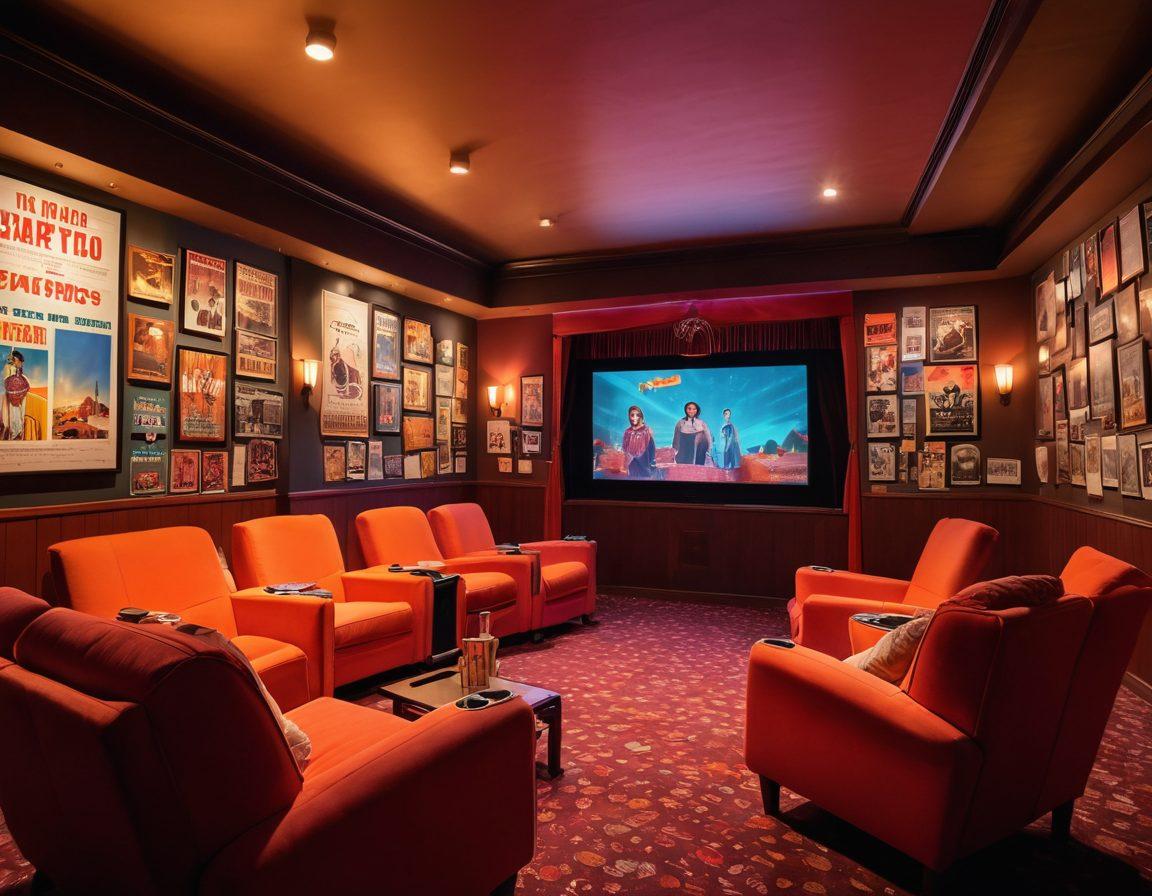 An immersive scene depicting a cozy, vibrant cinema interior filled with movie posters, plush recliners, and popcorn stands. At the forefront, a diverse group of film enthusiasts is animatedly discussing their favorite films, surrounded by a large screen showcasing iconic movie moments. Warm lighting enhances the inviting atmosphere, hinting at the love of cinema. cinematic style. vibrant colors. warm lighting.