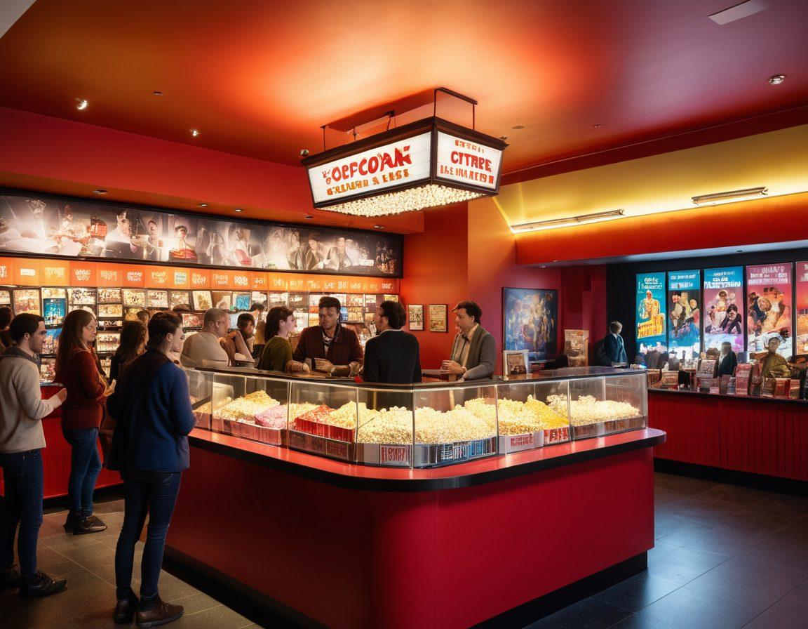A vibrant cinema lobby bustling with film aficionados, showcasing a ticket counter with an enthusiastic staff member, stacks of popcorn and candy, and a large movie poster backdrop featuring iconic films. Soft lights illuminate the scene, making it inviting and encouraging excitement about watching films. The atmosphere is filled with an air of anticipation, with patrons in varied attire discussing movies eagerly. super-realistic. vibrant colors. 3D.